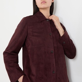 Model wearing Max Mara S Gocce Red Suede Jacket with shirt collar, front button fastening and leatherwork-style stitching detail