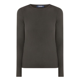 Max Mara S Disegno Ribbed-Knit Sweater in kaki, boat neck, long sleeves with ribbed texture and straight hem, 100% virgin wool