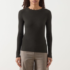 Model wearing Max Mara S Disegno Ribbed-Knit Sweater in kaki, featuring long sleeves, boat neck and ribbed knit; styled with taupe trousers.