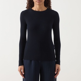 Model wearing Max Mara S Disegno Ribbed-Knit Sweater in ultramarine, long sleeves, ribbed knit, crew neck, paired with wide-leg trousers