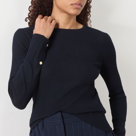 Model wearing Max Mara S Disegno Ribbed-Knit Sweater in ultramarine, featuring ribbed knit, boat neck and gold jewel buttons at cuffs, styled with