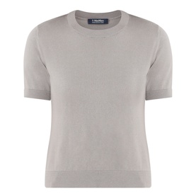 Max Mara S Giulietta Slim Fit Sweater in light grey, short sleeves, round neck, ribbed trims, cotton silk cashmere blend
