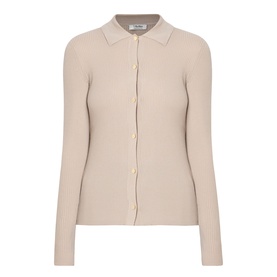 Max Mara S Limone Knitted Polo Shirt in beige; ribbed virgin wool, long sleeves, polo collar, button fastenings