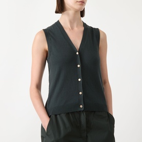 Model wearing Max Mara S Saggio Knitted Vest in green, V-neck, sleeveless, front button fastening, styled with matching green trousers.