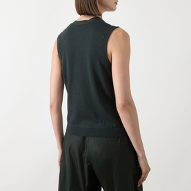 Model wearing Max Mara S Saggio Knitted Vest in green, sleeveless with ribbed trims, styled with green wide-leg trousers. Rear view.