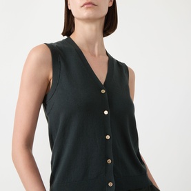 Model wearing Max Mara S Saggio Knitted Vest in green, featuring V-neckline, sleeveless cut and gold-tone front buttons