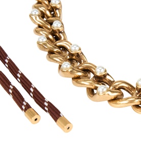 Max Mara Weekend Omelia Chain Necklace in gold-tone with pearl-style bead detailing and brown adjustable cord fastening, close-up detail shot