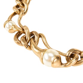 Max Mara Weekend Giglio Chain Choker Necklace in gold tone, close-up of chunky curb chain links with pearl-effect resin beads