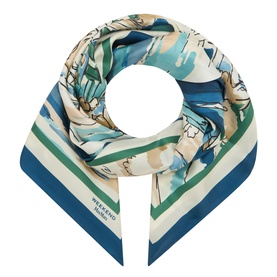 Max Mara Weekend Onesto Silk Printed Scarf in China Blue, square-shaped with striped border, illustrated print, and logo detail