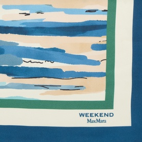 Max Mara Weekend Onesto Silk Printed Scarf in China Blue, square shape with green border and abstract watercolour landscape print
