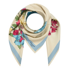 Max Mara Weekend Onestoring Floral Silk Square Scarf in beige with contrast light blue border, floral print, and logo detail