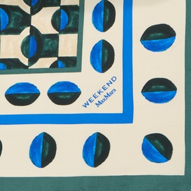 Max Mara Weekend Onesto Silk Printed Scarf in dark green with blue geometric circle and check print, logo detail, clean border edge.