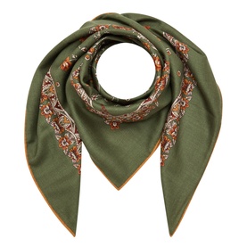 Max Mara Weekend Floral Square Scarf in khaki with paisley floral border, contrast trim, folded to show square shape and pattern detail