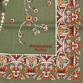 Max Mara Weekend Floral Square Scarf in khaki, featuring orange and cream floral pattern with contrast border and logo detail