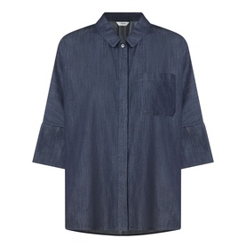 Max Mara S Rugiada Chambray Boxy Shirt in midnight blue with cropped sleeves, patch pocket, shirt collar, and button fastenings.