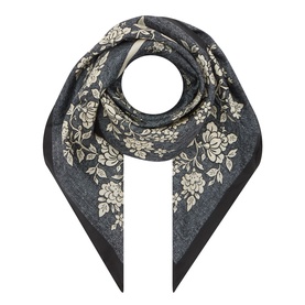 Max Mara Weekend midnight blue silk scarf with cream floral print, styled in a diamond fold with pointed ends