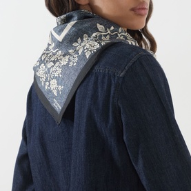 Model with Max Mara Weekend Asiam Silk Printed Square Scarf in Midnight Blue with floral motif print, styled over a denim jacket