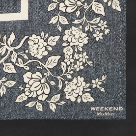 Max Mara Weekend midnight blue silk scarf with cream floral and botanical print detail, corner view showing brand logo