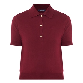 Max Mara S red cotton silk cashmere knit polo top with short sleeves and gold-tone button placket