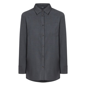 Max Mara S Opera Patch Pocket Shirt in dark grey wool, point collar, long sleeves, front button fastening, chest patch pocket, curved hem