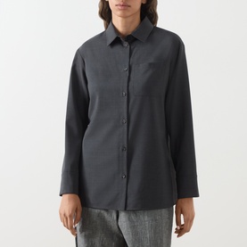 Model wearing Max Mara S Opera Patch Pocket Shirt in dark grey wool with point collar, chest patch pocket, and front button fastening