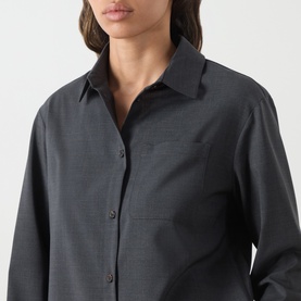 Model wearing Max Mara S Opera Patch Pocket Shirt in dark grey wool, showing point collar, front button fastening and chest patch pocket.