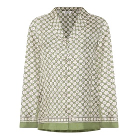 Max Mara S Dice Silk Pyjama Shirt in Kaki Dice, Cuban collar, archival dice print, button fastenings, long sleeves
