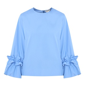 Max Mara S light blue cotton shirt with ruffle-trimmed fluted sleeves and round neck, back button fastening