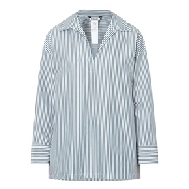 Max Mara S Cristel Striped Shirt in dark green, cotton, open V-neckline, long sleeves with high cuffs, asymmetric hemline