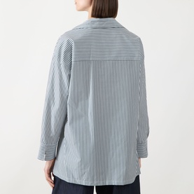 Model wearing Max Mara S Cristel Striped Shirt in dark green, back view showing yoke seam, long sleeves, high-low hemline and side slits