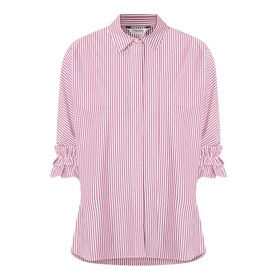 Max Mara S Nebbie Striped Ruffle Sleeve Shirt in bordeaux, white cotton stripe with ruffled cuffs and button front