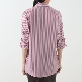 Model wearing Max Mara S Nebbie Striped Ruffle Sleeve Shirt in Bordeaux, rear view showing ruffle-trimmed sleeves and vertical stripe pattern.