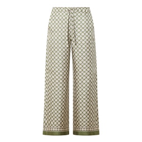 Max Mara S Kaki Dice silk trousers with geometric print, wide-leg silhouette, and contrast border hem detail