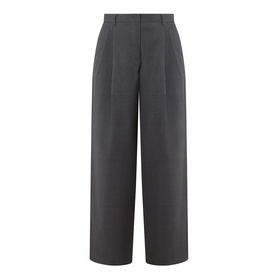 Max Mara S Taro High-Waisted Wide Leg Trousers in dark grey wool, featuring wide waistband, belt loops, and stitched front darts
