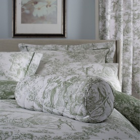 Toile De Jouy Filled Bolster Cushion Sage