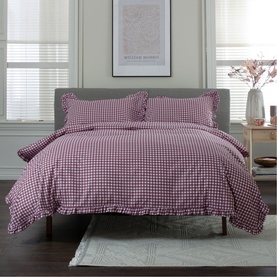 Gingham Frilled Duvet Set Burgundy