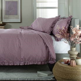 Gingham Frilled Duvet Set Burgundy