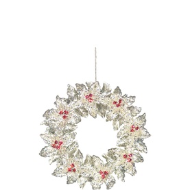 Gisela Graham Holly Wreath Tree Decoration 13cm, clear acrylic with gold leaves and red berry detailing, hanging loop