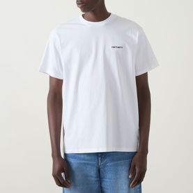 Model wearing Carhartt Script Embroidered Logo T-Shirt in white, crew neck with chest logo. Styled with blue jeans.