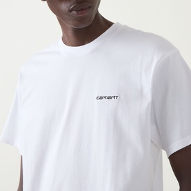 Model wearing Carhartt Script Embroidered Logo T-Shirt in white, crew neck, with small script chest logo in black embroidery.