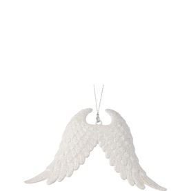 White glitter angel wings hanging Christmas tree ornament with silver hanging thread, shown on white background