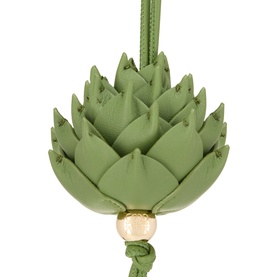Loewe Artichoke Bag Charm in green leather with sculpted artichoke motif and gold-toned hardware detail on braided strap.