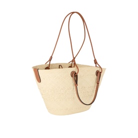 Loewe Anagram Medium Basket Bag in natural woven iraca palm with tan leather top handles and logo embellishments, open top tote