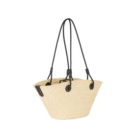 Loewe Basket Bag in natural iraca with black leather top handles and corner trim detail, trapezoid silhouette