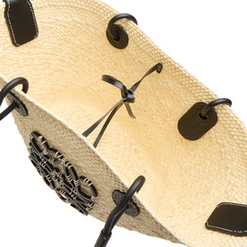 Loewe Basket bag in natural and black, woven iraca with black leather trim, rope handles and branded metal logo detail