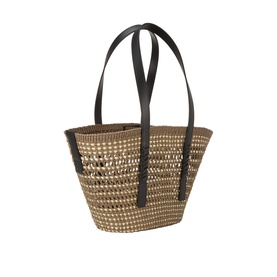 Loewe Braid Medium Braid Basket Bag in khaki and natural woven iraca with black leather handles and open top