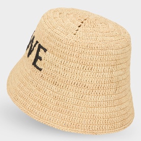 Loewe Raffia Logo Bucket Hat in natural, woven raffia with black embroidered logo detail and wide brim bucket shape.
