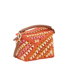 Loewe Puzzle Edge Crochet Mini Bag in bright orange and pink raffia, gold-tone hardware, tan leather top handle and crossbody strap