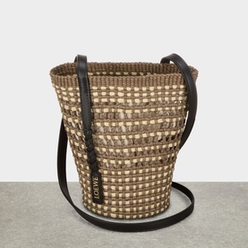 Loewe Braid Pocket Crossbody Bag in khaki/natural woven iraca with black leather crossbody strap and embossed logo detail