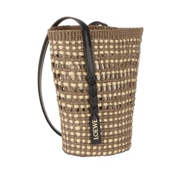 Loewe Braid Pocket Crossbody Bag in khaki and natural woven iraca, black leather adjustable strap, logo tab, drawstring closure